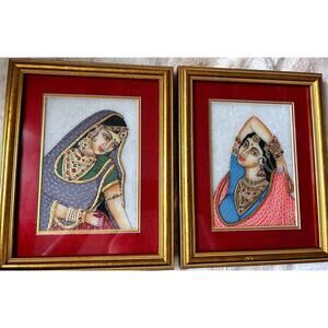 Hand Painted Indian Marble Plaques Rajasthani Court Art Pair